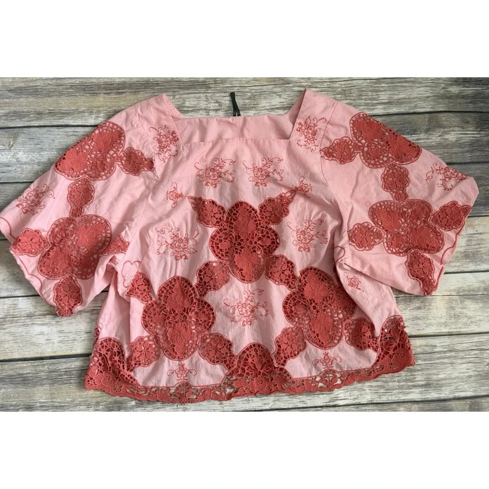 Anthropologie Cotton Puff-Sleeve Cutwork Blouse XL Peach